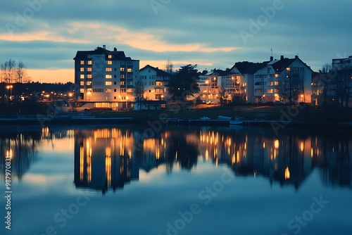 Peaceful Lakeside Town at Dusk with Glowing Windows