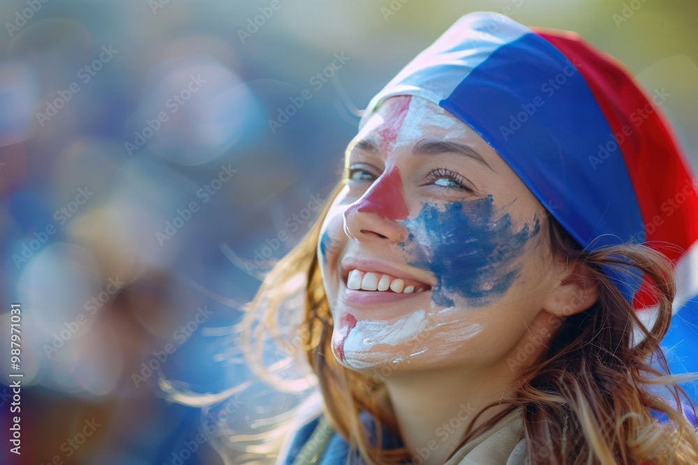 A woman with blue and white paint on her face and a red hat is smiling, generative ai A woman with blue and white paint on her face and a red hat is smiling, generative ai