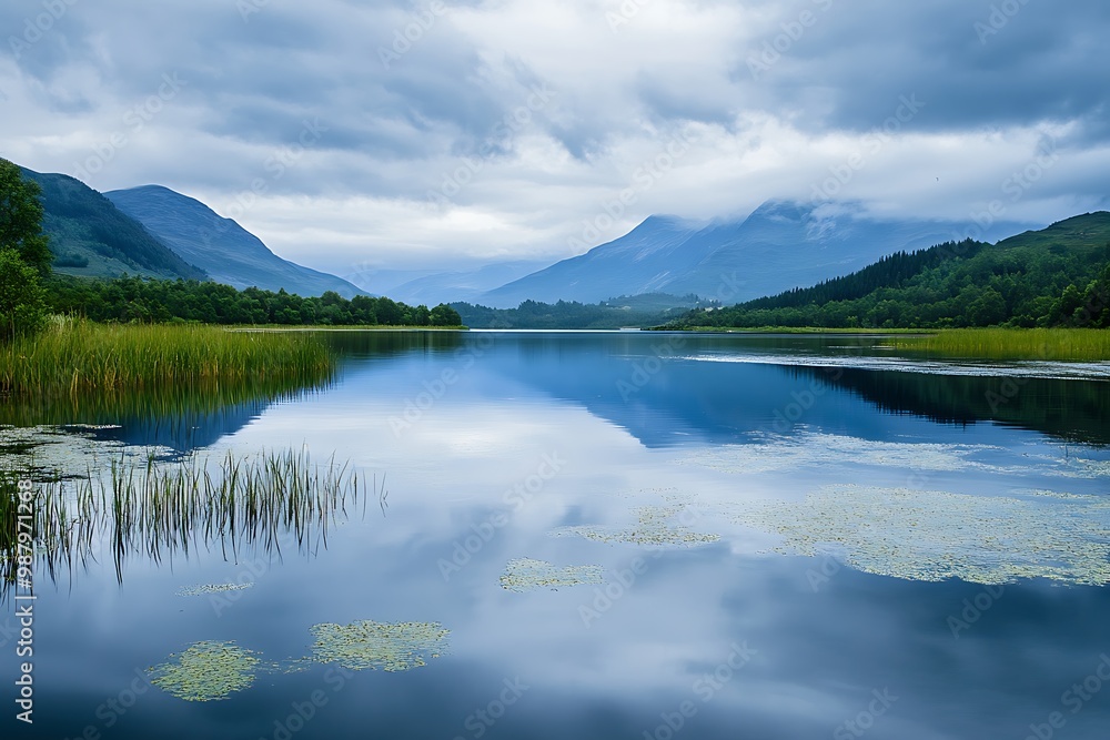 Fototapeta premium Tranquil Mountain Lake Landscape with Calm Water, Blue Sky and Clouds