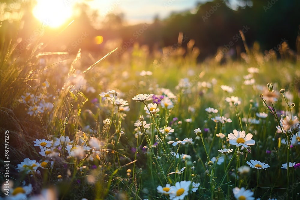 Fototapeta premium Golden hour sunset with white daisies and grass in field