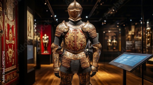 Intricate Suit of Armor Displayed at Historical Exhibition, showcasing detailed craftsmanship, accompanied by informative panels that enhance the viewer's understanding of its significance.