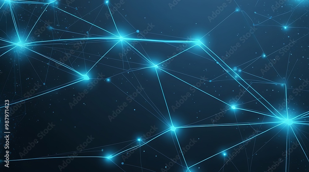 Digital illustration featuring a network of interconnected glowing nodes and lines against a dark blue background Digital illustration featuring a network of interconnected glowing nodes and lines against a dark blue background