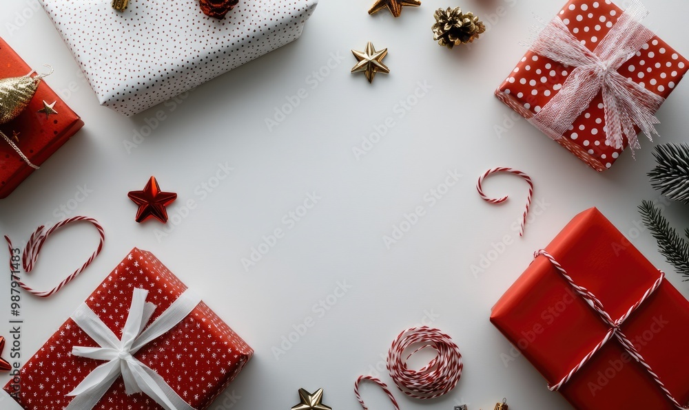 Red Gift Boxes with Ribbons and Stars on White Background Red Gift Boxes with Ribbons and Stars on White Background