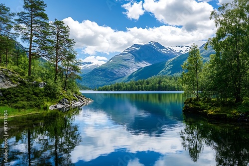 Tranquil mountain lake with blue sky and puffy clouds, perfect for serene wallpaper or desktop background