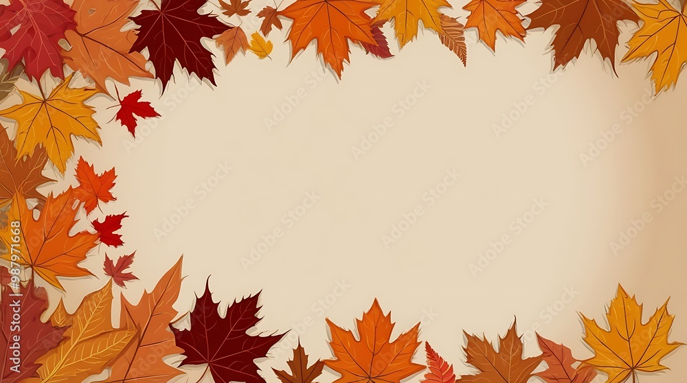 Abstract illustration background of a border autumn leaves arranged around the edges, creating a frame with a blank, yellow center Abstract illustration background of a border autumn leaves arranged around the edges, creating a frame with a blank, yellow center