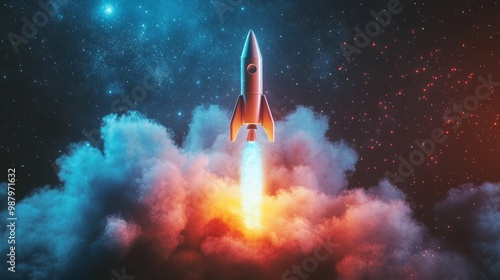 Vibrant Rocket Launch, a dynamic scene of a rocket ascending into the cosmos with colorful exhaust trails, set against a minimalist backdrop for a striking visual impact. photo