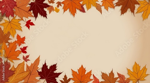 Abstract illustration background of a border autumn leaves arranged around the edges, creating a frame with a blank, yellow center