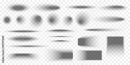 Set of different shadow effects for package mockups. Transparent soft shapes. Square and rectangle, round and oval shades. Vector realistic illustration.