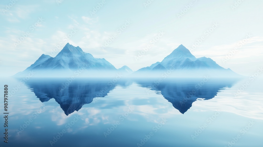 Fototapeta premium Serene mountain range reflecting in calm water under a clear sky, featuring a tranquil, misty atmosphere.