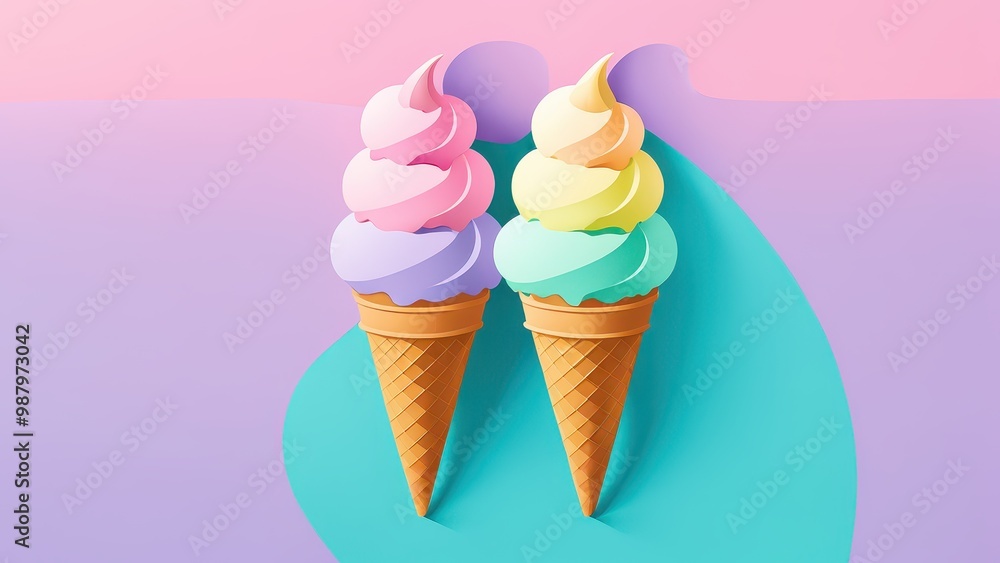Two colorful ice cream cones with swirled toppings on a pastel background. Two colorful ice cream cones with swirled toppings on a pastel background.