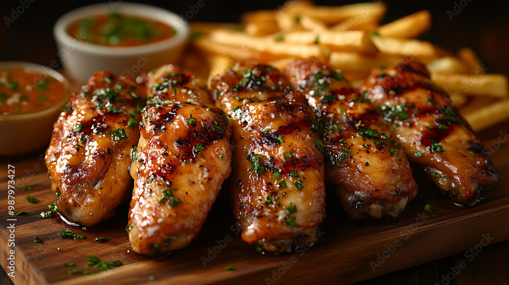 Grilled chicken wings tossed in a honey and garlic glaze, served with crispy fries Grilled chicken wings tossed in a honey and garlic glaze, served with crispy fries