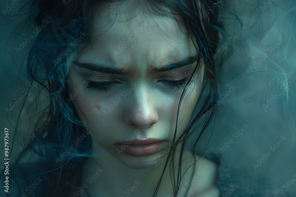 a woman holding her face in a gesture of sadness, captured in an aesthetic art style to convey deep emotion.. a woman holding her face in a gesture of sadness, captured in an aesthetic art style to convey deep emotion..