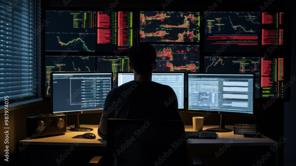 A person closely monitors multiple computer screens filled with data, codes, and graphs in a dimly lit room, reflecting focus and high-tech ambiance. A person closely monitors multiple computer screens filled with data, codes, and graphs in a dimly lit room, reflecting focus and high-tech ambiance.