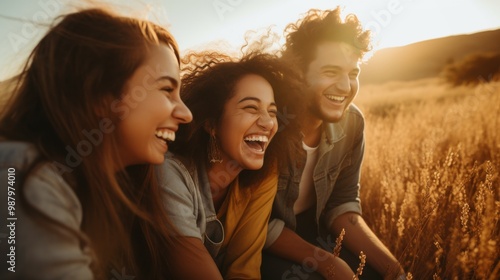 A group of friends laughing and enjoying each other's company in a sunlit field, capturing a moment of genuine happiness.