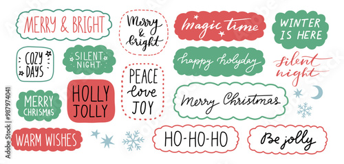 Christmas stickers set. Cute holiday badges, lettering, doodle quotes, stickers. vector. Winter festive quotes. Ho-ho-ho, Warm wishes, Holly jolly etc. Vector illustration