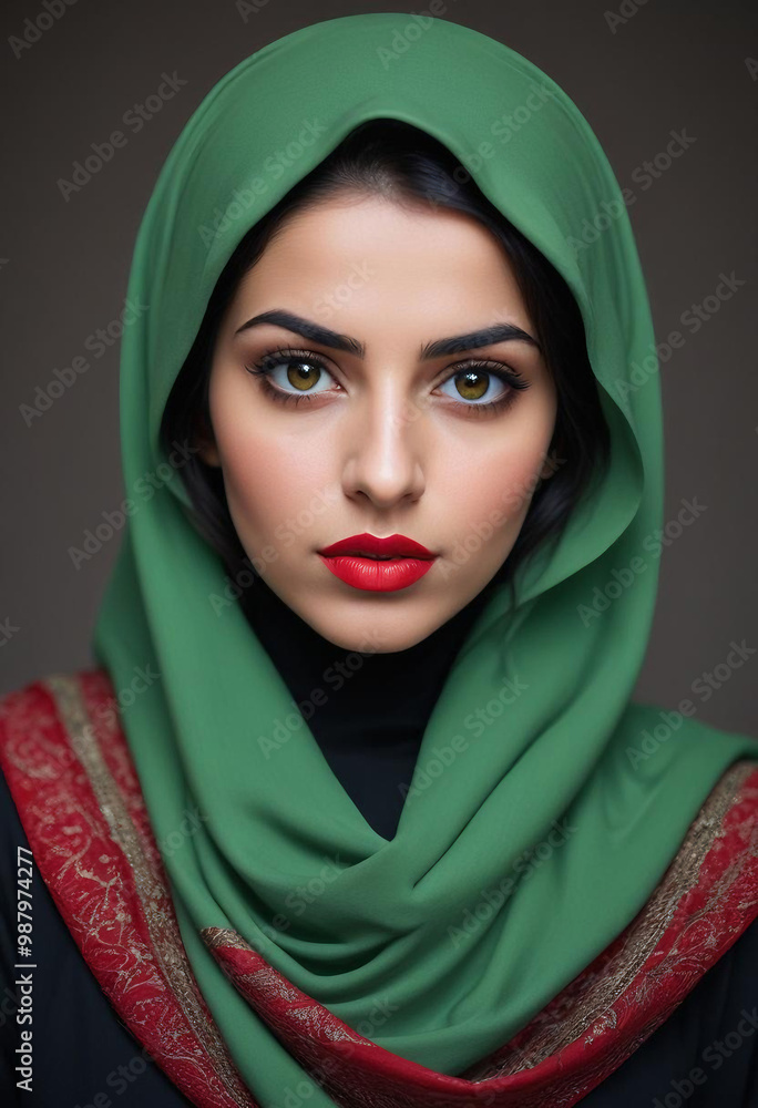 A young Middle Eastern woman with dark hair wearing a green hijab, looking directly at the camera with a serious expression and red lipstick