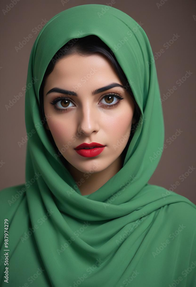A young Middle Eastern woman with dark hair wearing a green hijab, looking directly at the camera with a serious expression and red lipstick