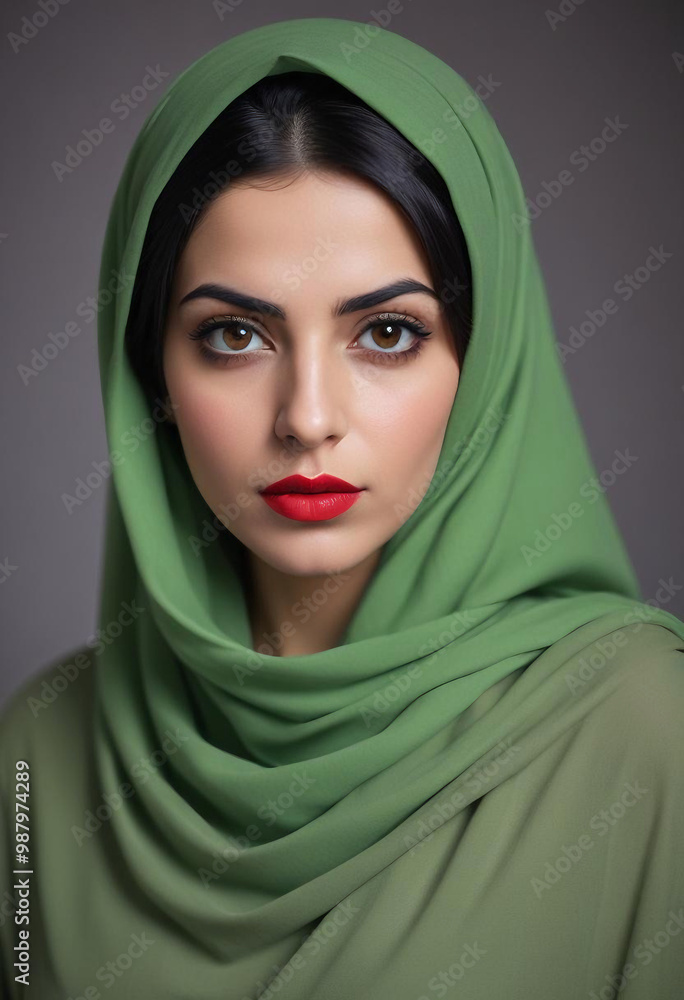 A young Middle Eastern woman with dark hair wearing a green hijab, looking directly at the camera with a serious expression and red lipstick
