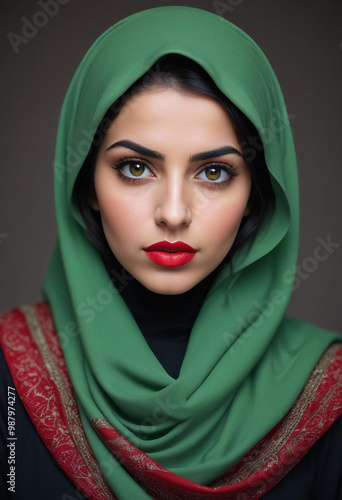 Obraz na płótnie A young Middle Eastern woman with dark hair wearing a green hijab, looking directly at the camera with a serious expression and red lipstick w salonie