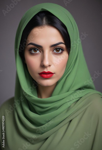 Obraz na płótnie A young Middle Eastern woman with dark hair wearing a green hijab, looking directly at the camera with a serious expression and red lipstick w salonie