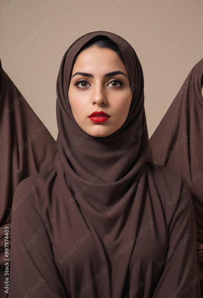 A young Middle Eastern woman wearing a brown hijab, looking directly at the camera with a serious expression and red lipstick