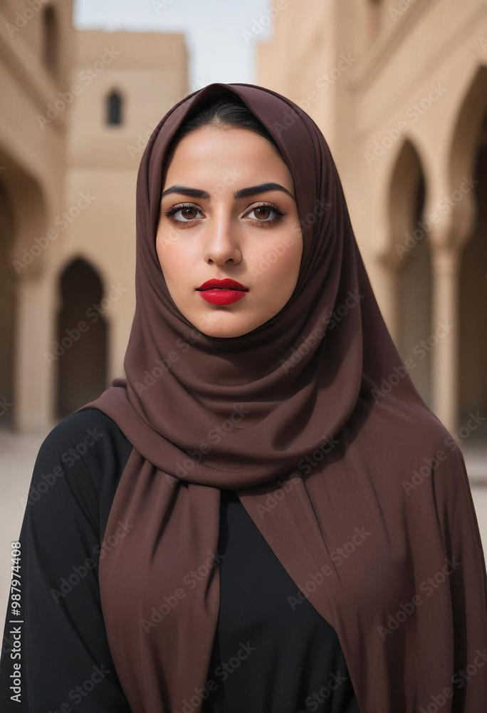 A young Middle Eastern woman wearing a brown hijab, looking directly at the camera with a serious expression and red lipstick