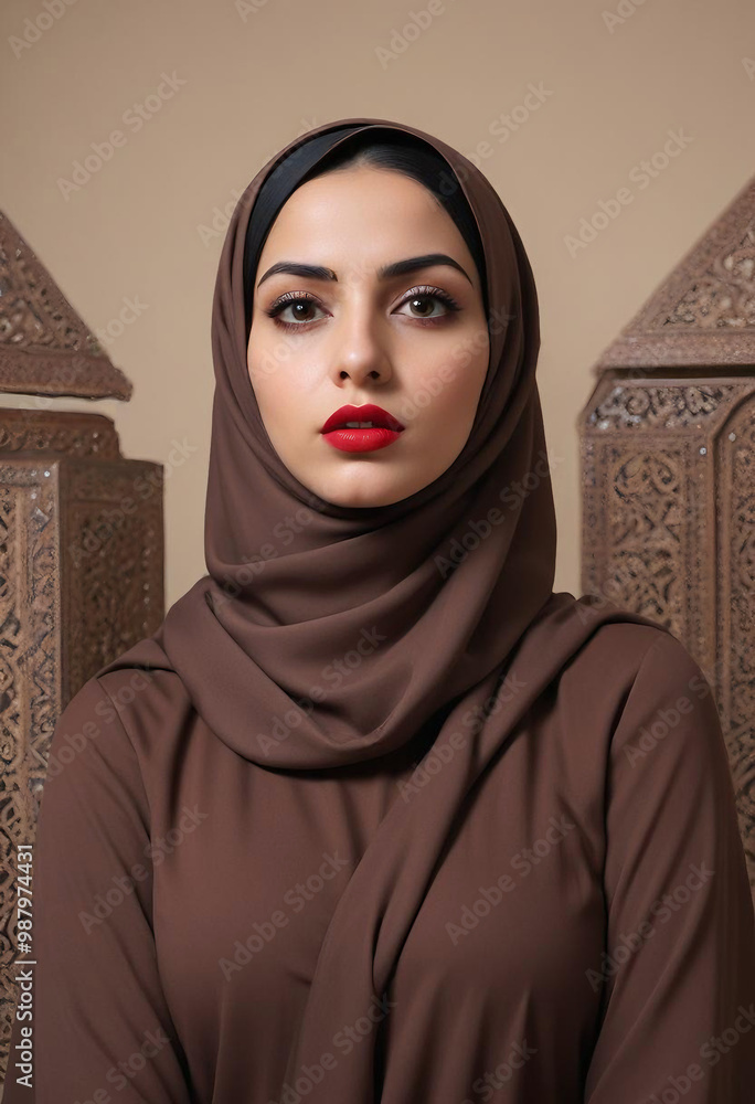 A young Middle Eastern woman wearing a brown hijab, looking directly at the camera with a serious expression and red lipstick