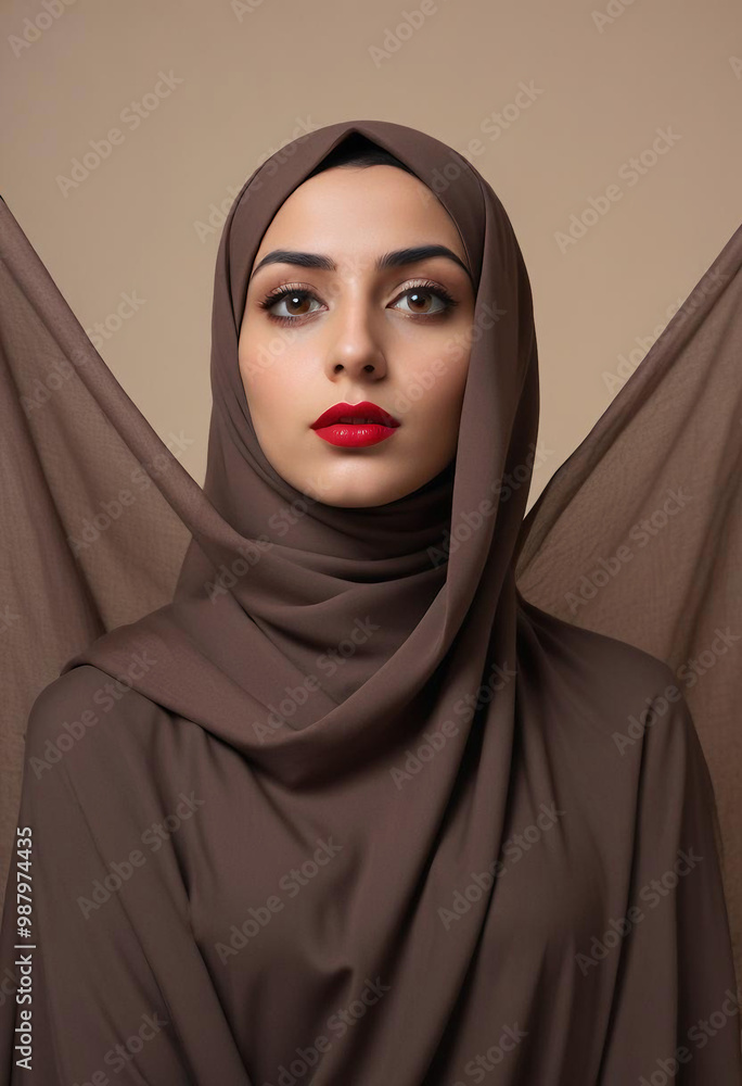 A young Middle Eastern woman wearing a brown hijab, looking directly at the camera with a serious expression and red lipstick