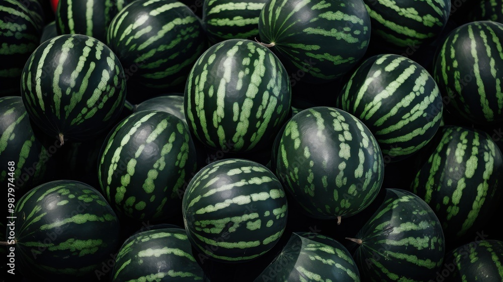 An abundance of whole watermelons with dark green and light stripes, capturing the essence of freshness and summertime in a bountiful harvest scene.