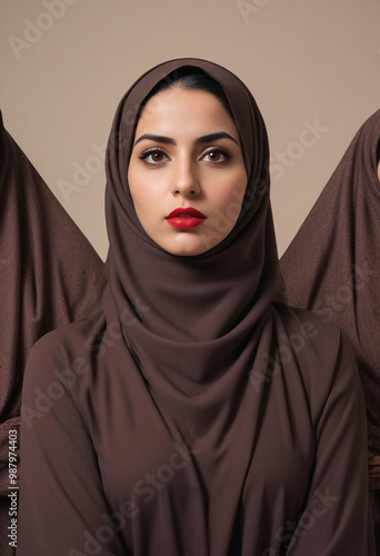 Obraz na płótnie A young Middle Eastern woman wearing a brown hijab, looking directly at the camera with a serious expression and red lipstick w salonie