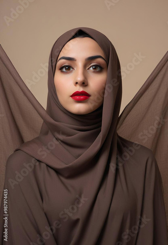 Obraz na płótnie A young Middle Eastern woman wearing a brown hijab, looking directly at the camera with a serious expression and red lipstick w salonie