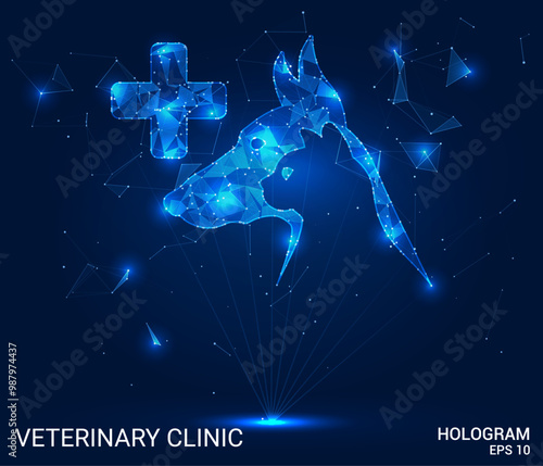 Hologram veterinary clinic. Veterinary clinic made of polygons, triangles, dots, and lines. Low-poly veterinary clinic structure of connections. Technology concept vector.