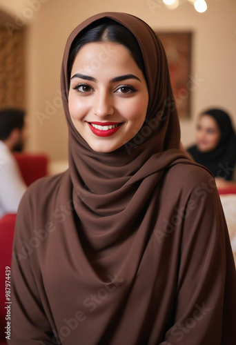 Obraz na płótnie A young Middle Eastern woman with dark hair wearing a brown hijab , looking directly at the camera with a smiling expression and red lipstick. w salonie