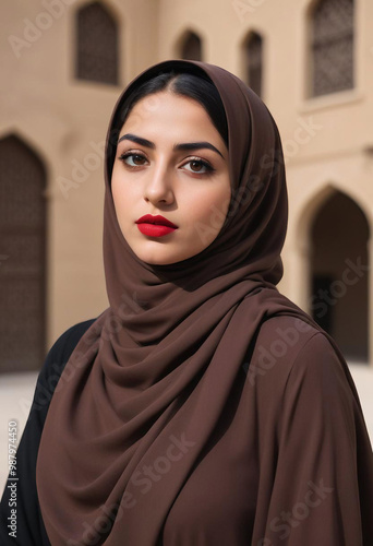 Obraz na płótnie A young Middle Eastern woman with dark hair wearing a brown hijab, looking directly at the camera with a serious expression and red lipstick w salonie