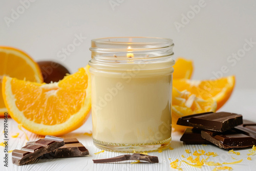 Candle with Chocolate and Oranges photo