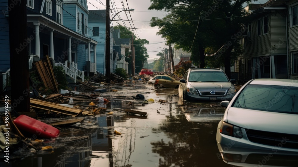 Obraz premium Floodwaters submerge a residential street, leaving cars and homes in disarray, a stark reminder of nature's power and unpredictable impact.
