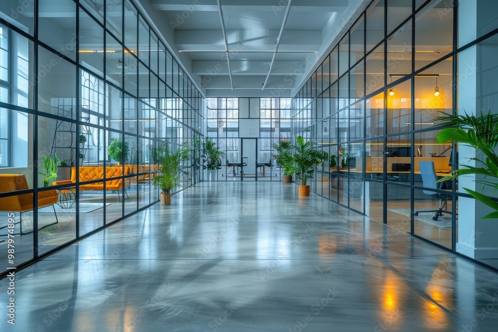 A large open office space with a lot of glass windows and plants A large open office space with a lot of glass windows and plants
