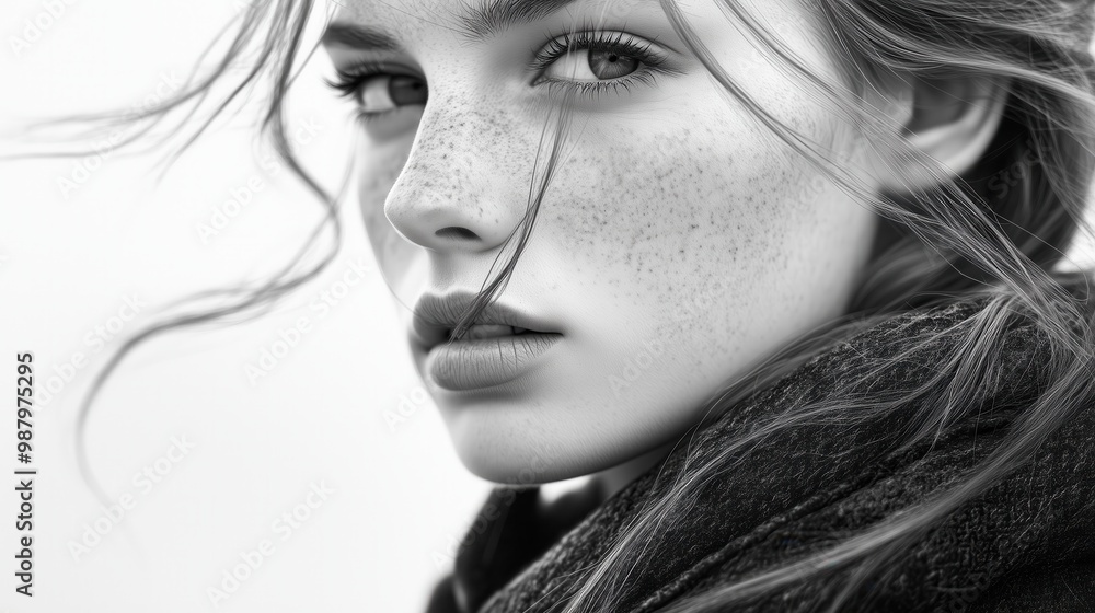 Close-up of a young woman with freckles and a pensive expression in a monochrome portrait. Close-up of a young woman with freckles and a pensive expression in a monochrome portrait.