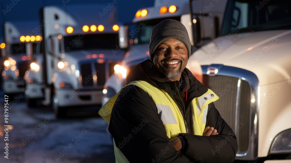 A seasoned truck driver, dressed warmly in winter gear, stands confidently in front of a line of trucks with a broad, friendly smile. A seasoned truck driver, dressed warmly in winter gear, stands confidently in front of a line of trucks with a broad, friendly smile.