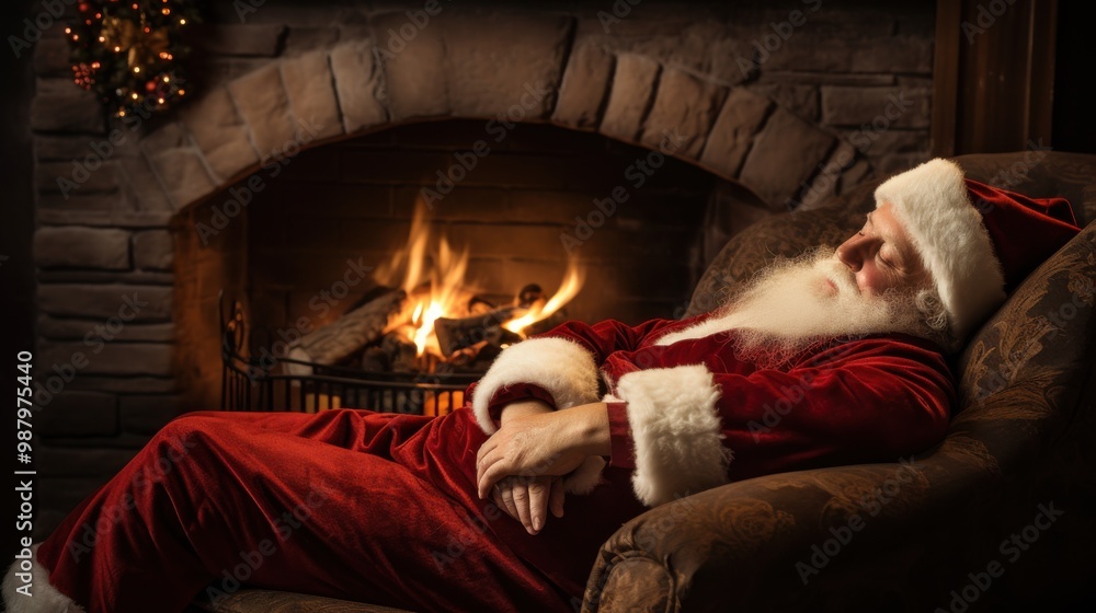 Obraz premium Santa Claus sleeps peacefully in an armchair by a warm fireplace, creating a cozy and tranquil holiday scene.