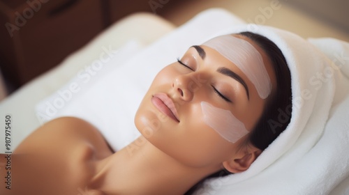 A serene woman enjoys a calming facial treatment, resting peacefully with her eyes closed, while wearing a white headband and facial patches.