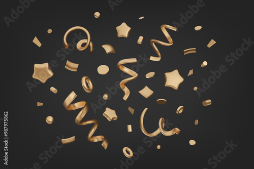 3D party gold confetti set. Stars, spirals, serpentine streamer. Realistic metallic elements isolated on black background. Vector design for celebration poster, banner, greeting, invitation, promo