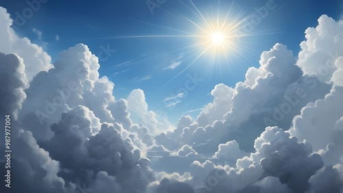 Landscape vector style background featuring a clear blue sky with a few scattered, fluffy white clouds and bright sunlight