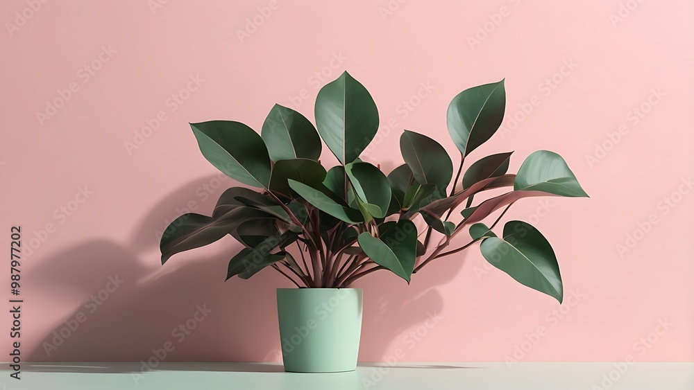Minimalist photography featuring a single rubber plant against a solid pink background Minimalist photography featuring a single rubber plant against a solid pink background
