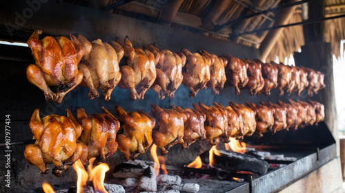 A row of roasted chickens on a grill. The fire is hot and the smoke is rising. The chickens are cooked and ready to be eaten