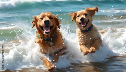 Joyful pup frolicking in ocean waves, radiating happiness at the beach photo