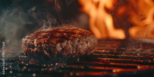 Close-up of delicious ground beef patties sizzling on the grill