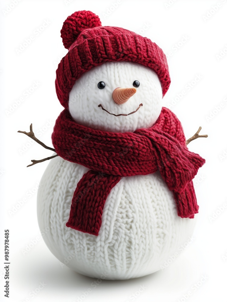 Cheerful snowman with red knit hat and scarf, twig arms, and carrot nose against a white background. Cheerful snowman with red knit hat and scarf, twig arms, and carrot nose against a white background.