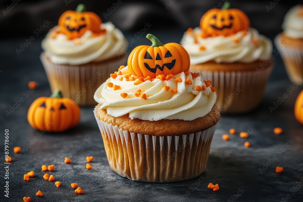 Decorative Halloween cupcakes with pumpkin toppers, creamy frosting, and orange sprinkles on a dark surface. Decorative Halloween cupcakes with pumpkin toppers, creamy frosting, and orange sprinkles on a dark surface.