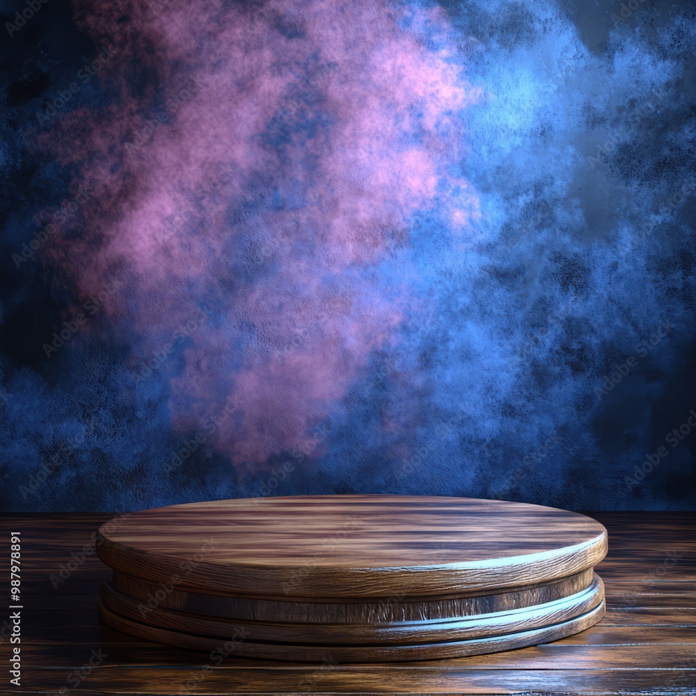 Wooden Platform with a Background of Purple and Blue Smoke